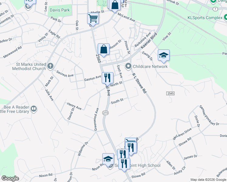 map of restaurants, bars, coffee shops, grocery stores, and more near 503 South Central Avenue in Belmont