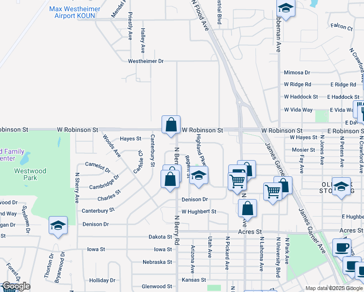 map of restaurants, bars, coffee shops, grocery stores, and more near 1410 Dorchester Drive in Norman