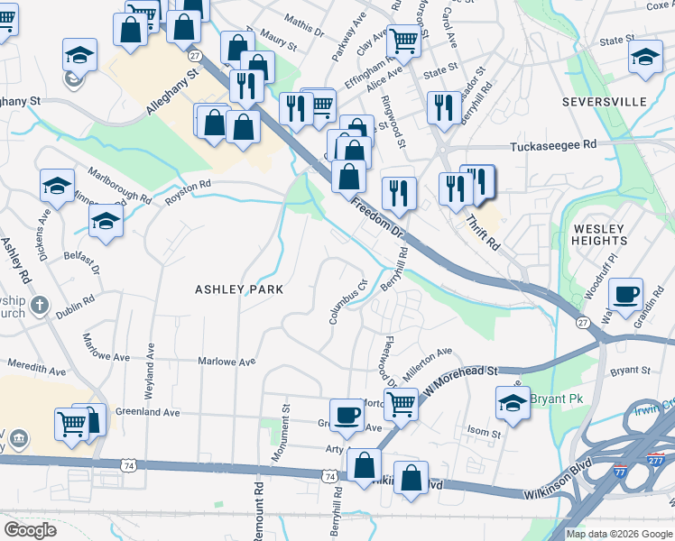 map of restaurants, bars, coffee shops, grocery stores, and more near 2627 Columbus Circle in Charlotte