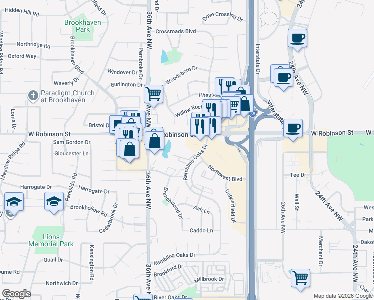 map of restaurants, bars, coffee shops, grocery stores, and more near 1060 Rambling Oaks Drive in Norman
