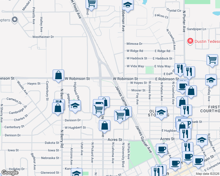 map of restaurants, bars, coffee shops, grocery stores, and more near 408 West Hayes Street in Norman