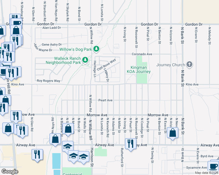 map of restaurants, bars, coffee shops, grocery stores, and more near 3745 North Kenneth Road in Kingman