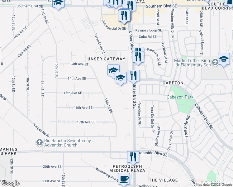 map of restaurants, bars, coffee shops, grocery stores, and more near 1571 Veranda Drive Southeast in Rio Rancho