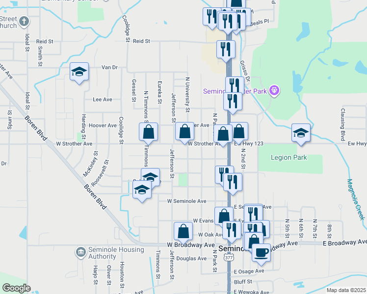 map of restaurants, bars, coffee shops, grocery stores, and more near 401 West Strother Avenue in Seminole