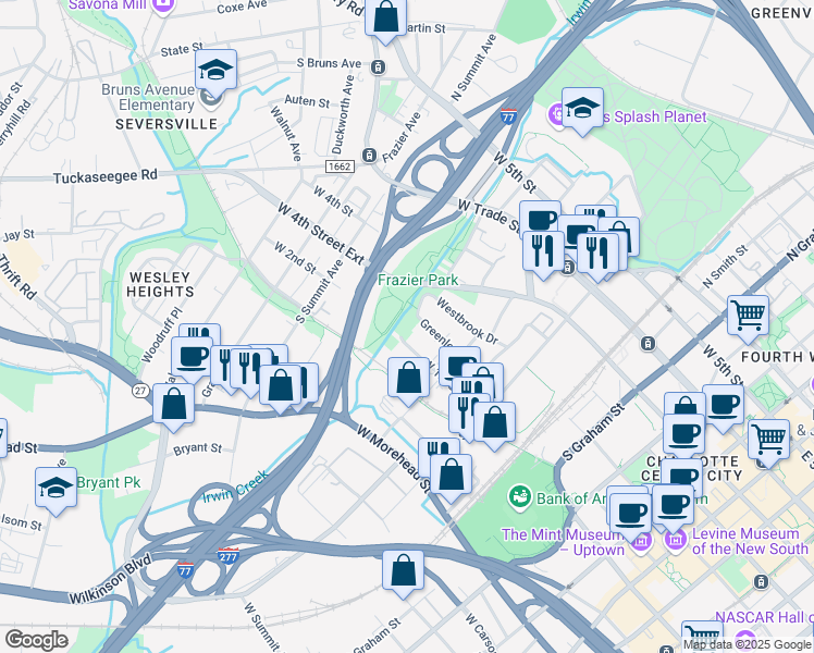 map of restaurants, bars, coffee shops, grocery stores, and more near 1182w West 1st Street in Charlotte