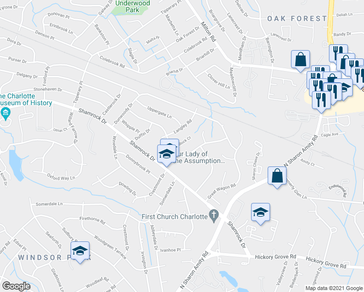 map of restaurants, bars, coffee shops, grocery stores, and more near 3816 Hillock Court in Charlotte