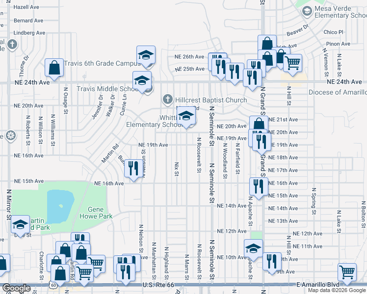 map of restaurants, bars, coffee shops, grocery stores, and more near 3101-3199 NE 19th Ave in Amarillo