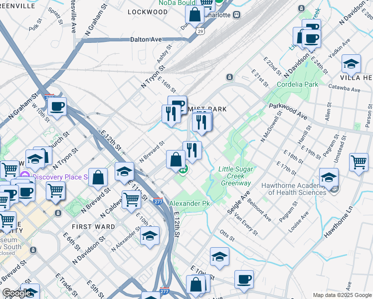 map of restaurants, bars, coffee shops, grocery stores, and more near 414 Belmont Avenue in Charlotte