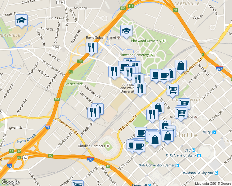 map of restaurants, bars, coffee shops, grocery stores, and more near 813 West 4th Street in Charlotte