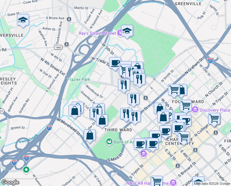 map of restaurants, bars, coffee shops, grocery stores, and more near in Charlotte