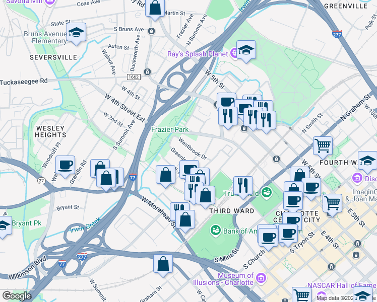 map of restaurants, bars, coffee shops, grocery stores, and more near 1104 Greenleaf Avenue in Charlotte