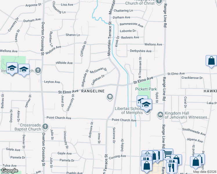map of restaurants, bars, coffee shops, grocery stores, and more near 2409 Saint Elmo Avenue in Memphis