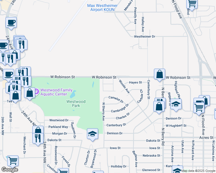 map of restaurants, bars, coffee shops, grocery stores, and more near 1720 West Robinson Street in Norman