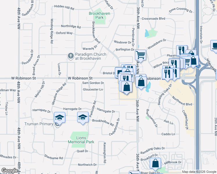 map of restaurants, bars, coffee shops, grocery stores, and more near 3833 Tudor Circle in Norman