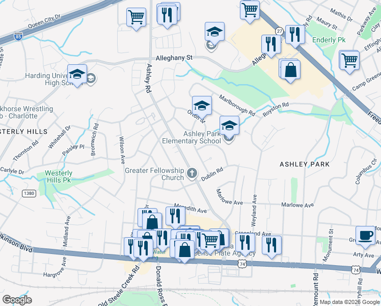 map of restaurants, bars, coffee shops, grocery stores, and more near 2242 Dickens Avenue in Charlotte