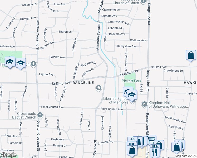 map of restaurants, bars, coffee shops, grocery stores, and more near 2409 Saint Elmo Avenue in Memphis