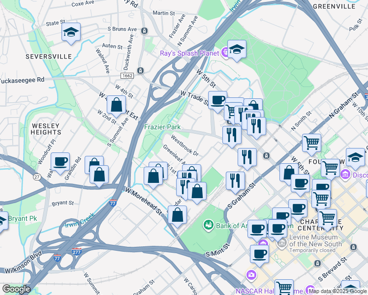 map of restaurants, bars, coffee shops, grocery stores, and more near 923 Westbrook Drive in Charlotte