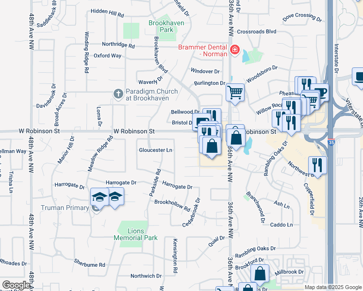 map of restaurants, bars, coffee shops, grocery stores, and more near 3833 Tudor Circle in Norman