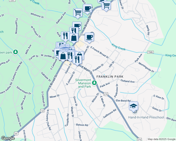 map of restaurants, bars, coffee shops, grocery stores, and more near 317 East Main Street in Brevard