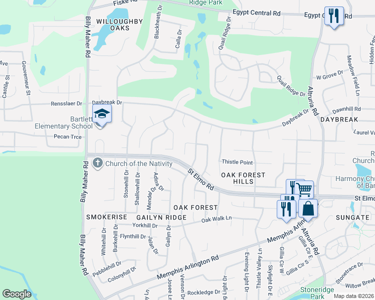 map of restaurants, bars, coffee shops, grocery stores, and more near 3891 Oak Forest Drive in Bartlett