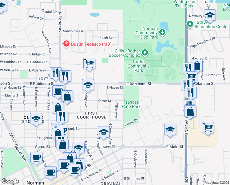 map of restaurants, bars, coffee shops, grocery stores, and more near 805 East Mosier Street in Norman