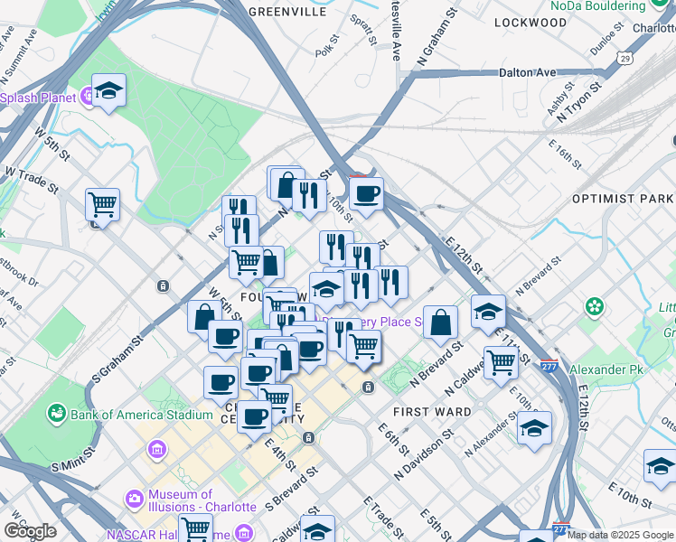 map of restaurants, bars, coffee shops, grocery stores, and more near 515 North Church Street in Charlotte