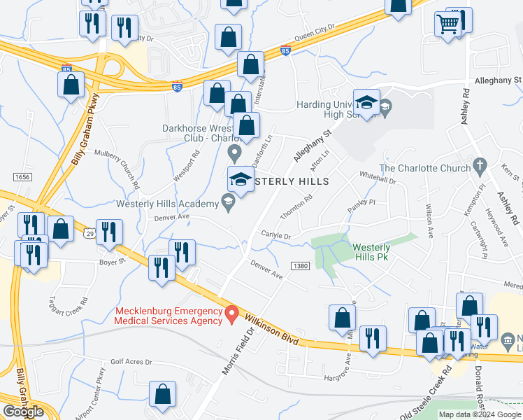 map of restaurants, bars, coffee shops, grocery stores, and more near 2708 Alleghany Street in Charlotte