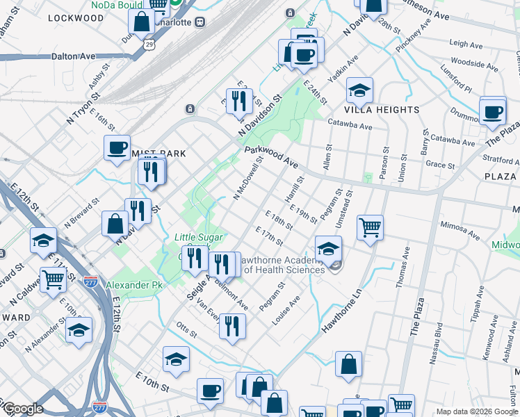 map of restaurants, bars, coffee shops, grocery stores, and more near in Charlotte