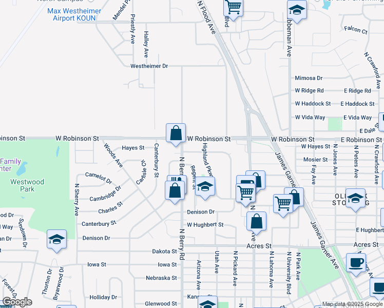 map of restaurants, bars, coffee shops, grocery stores, and more near 1410 Dorchester Drive in Norman