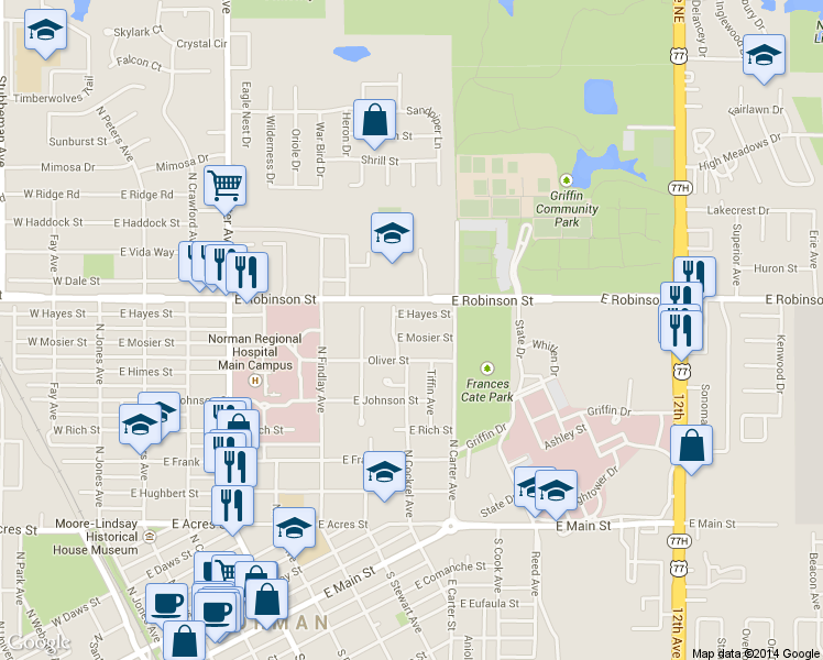 map of restaurants, bars, coffee shops, grocery stores, and more near 805 East Mosier Street in Norman