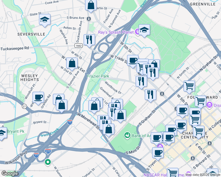map of restaurants, bars, coffee shops, grocery stores, and more near 927 Westbrook Drive in Charlotte