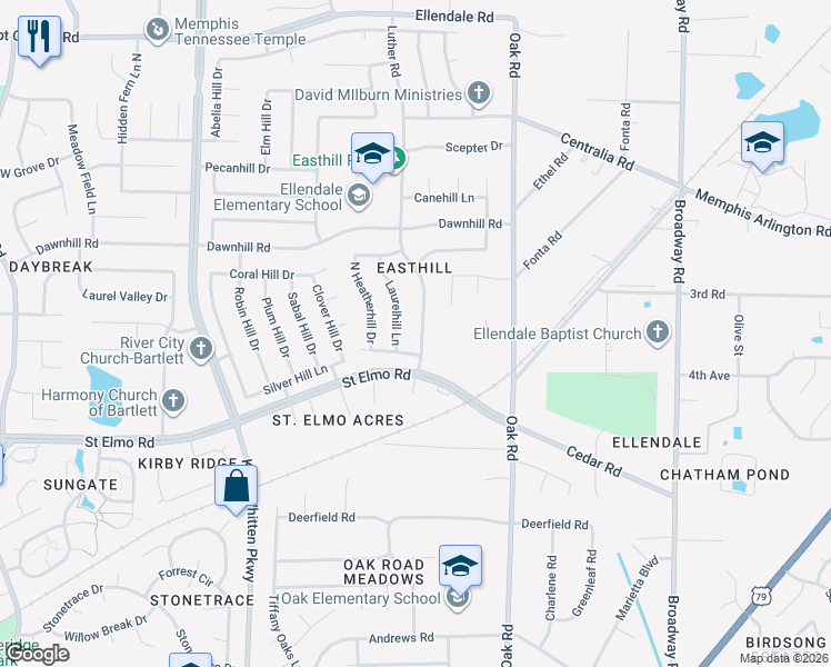 map of restaurants, bars, coffee shops, grocery stores, and more near 3889 Luther Road in Bartlett