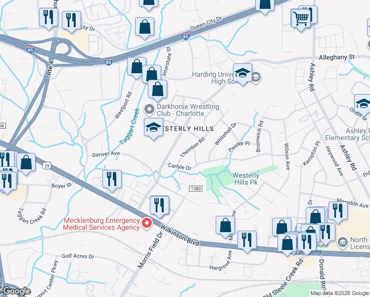 map of restaurants, bars, coffee shops, grocery stores, and more near 2708 Thornton Road in Charlotte
