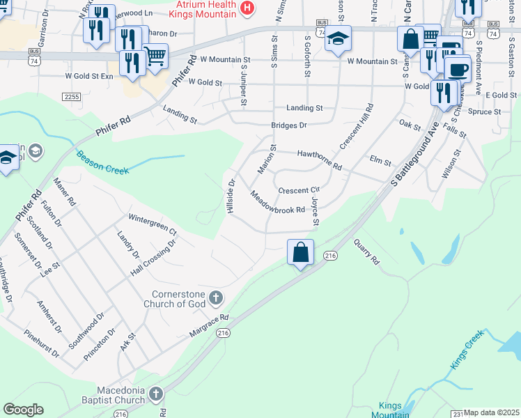 map of restaurants, bars, coffee shops, grocery stores, and more near 803 Meadowbrook Road in Kings Mountain