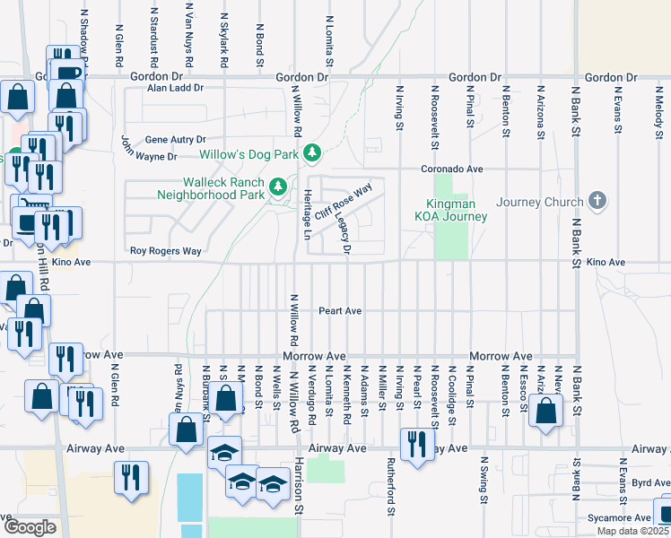 map of restaurants, bars, coffee shops, grocery stores, and more near 3746 North Lomita Street in Kingman