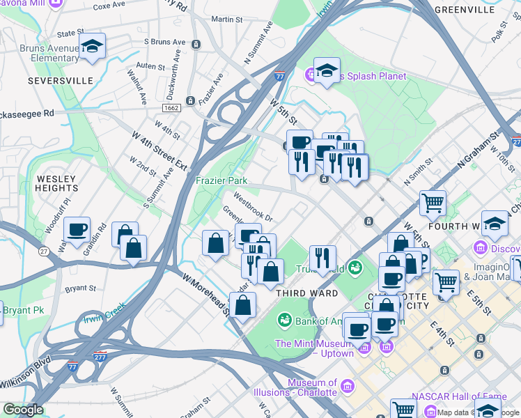 map of restaurants, bars, coffee shops, grocery stores, and more near 912 Westbrook Drive in Charlotte