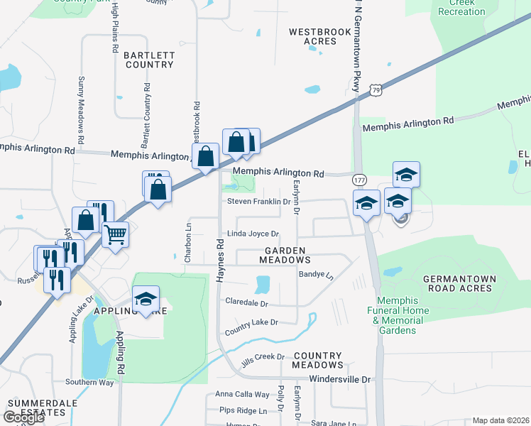 map of restaurants, bars, coffee shops, grocery stores, and more near 7914 Vera Louise Circle in Memphis