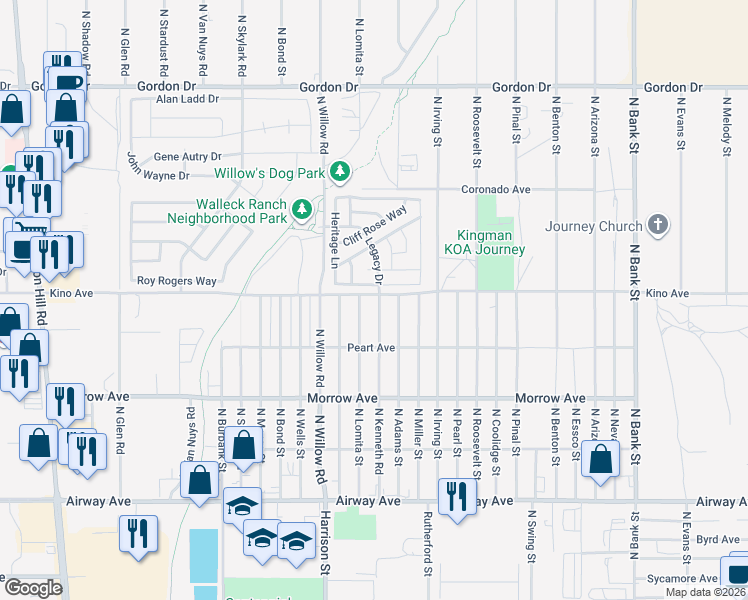 map of restaurants, bars, coffee shops, grocery stores, and more near 3745 North Kenneth Road in Kingman