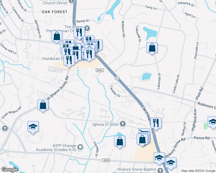 map of restaurants, bars, coffee shops, grocery stores, and more near 4400 Tantilla Circle in Charlotte