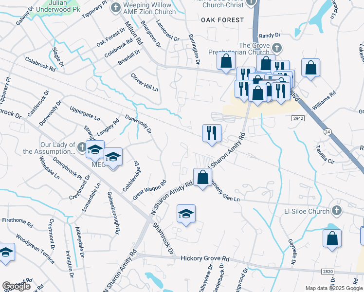 map of restaurants, bars, coffee shops, grocery stores, and more near 4408 Sharon Chase Drive in Charlotte