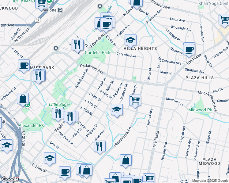 map of restaurants, bars, coffee shops, grocery stores, and more near 1620 Allen Street in Charlotte