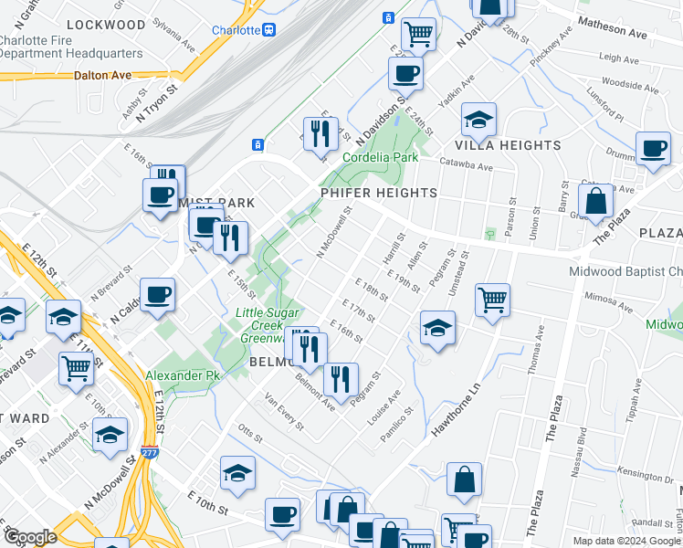 map of restaurants, bars, coffee shops, grocery stores, and more near 812 East 18th Street in Charlotte