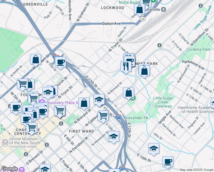 map of restaurants, bars, coffee shops, grocery stores, and more near in Charlotte