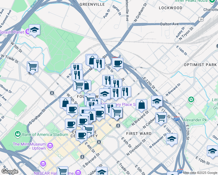 map of restaurants, bars, coffee shops, grocery stores, and more near in Charlotte