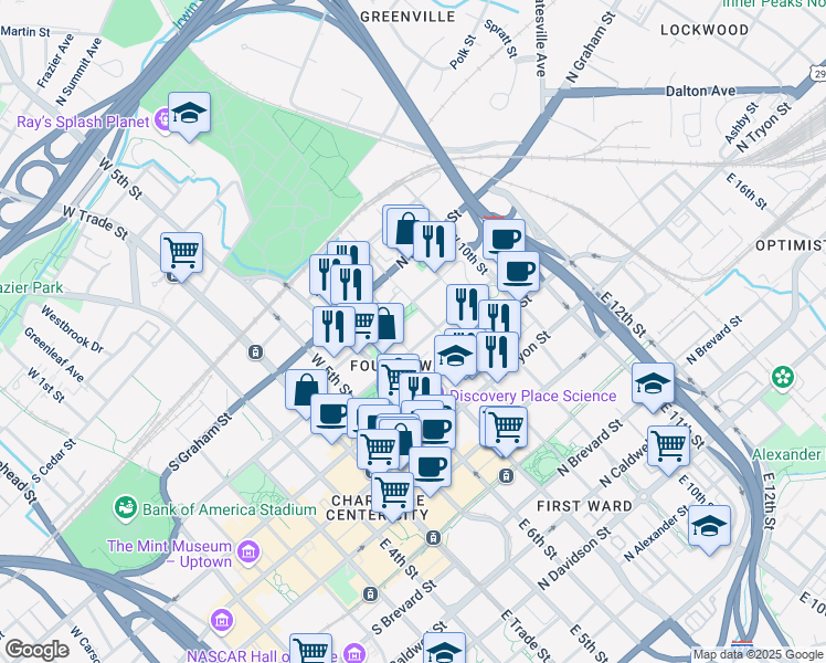 map of restaurants, bars, coffee shops, grocery stores, and more near 501 North Poplar Street in Charlotte
