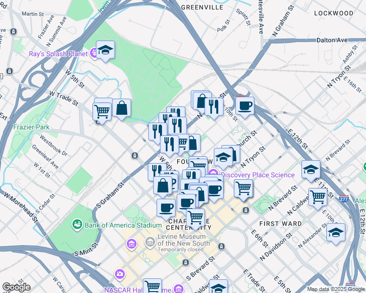 map of restaurants, bars, coffee shops, grocery stores, and more near in Charlotte