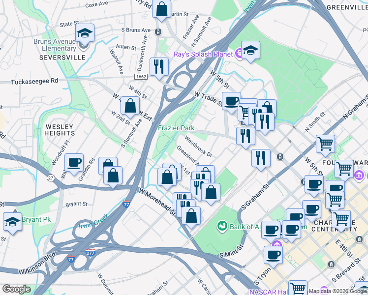 map of restaurants, bars, coffee shops, grocery stores, and more near in Charlotte