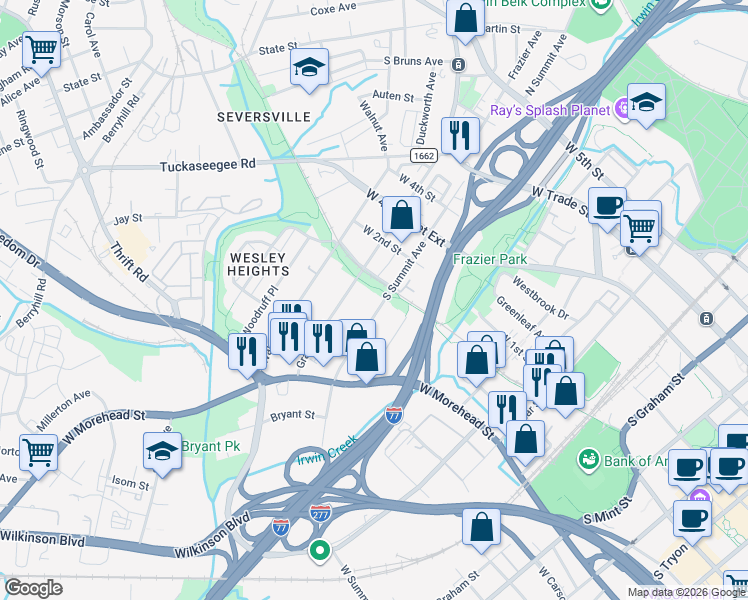 map of restaurants, bars, coffee shops, grocery stores, and more near 508 South Summit Avenue in Charlotte