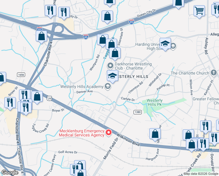 map of restaurants, bars, coffee shops, grocery stores, and more near 4420 Denver Avenue in Charlotte