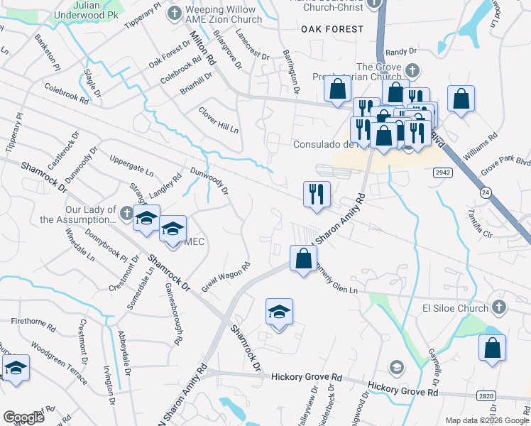 map of restaurants, bars, coffee shops, grocery stores, and more near 4408 Sharon Chase Drive in Charlotte